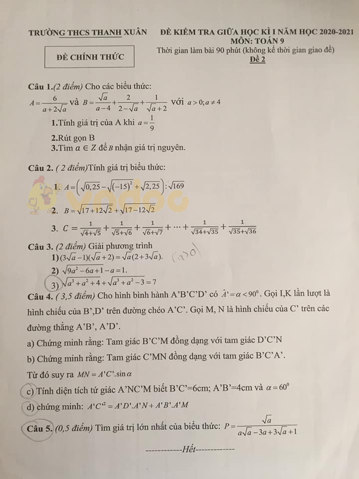 Đề thi giữa học kì 1 lớp 9 môn Toán Trường THCS Thanh Xuân năm 2020 - 2021 (đề 2)