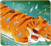 	- Câu hỏi 1: Con hổ có tính tình như thế nào? 	- Trả lời: Con hổ có tính cách rất hung hăng. 	- Câu hỏi 2: “Con vật lạ” đầu tiên mà hổ gặp được thực ra là gì? 	- Trả lời: “Con vật lạ” đầu tiên mà hổ gặp được thực ra là lửa. 	- Câu hỏi 3: Gặp “con vật lạ” đó hổ đã làm gì? 	- Trả lời: Gặp “con vật lạ” hổ liền lao vào tấn công. 	- Câu hỏi 4: Vì sao hổ bị xém lông? 	- Trả lời: Hổ bị xém lông do bị lửa bám vào, đốt cháy lông. 	- Câu hỏi 5: Sau lửa, hổ tiếp tục gặp ai? 	- Trả lời: Sau lửa, hổ gặp mưa. 	- Câu hỏi 6: Hổ tưởng mưa làm gì mình? 	- Trả lời: Hổ tưởng mưa ném sỏi vào mình. 	- Câu hỏi 7: Mưa đã nói gì mà khiến hổ rất giận dữ? 	- Trả lời: Mưa đã gọi hổ là “anh hổ ngốc nghếch” khiến hổ rất giận giữ. 	- Câu hỏi 8: Nhìn thấy hai người thợ săn, hổ làm gì? 	- Trả lời: Nhìn thấy hai người thợ săn, hổ sợ quá, vội quay đầu chạy trốn. 	- Câu hỏi 9: Mưa đã làm gì để giúp đỡ hổ? 	- Trả lời: Mưa đã trút nước xuống ào ào làm cho hai người vội vàng chạy về nhà để giúp hổ thoát nạn. 	- Câu hỏi 10: Sau khi thoát nạn, hổ đã trở nên như thế nào? 	- Trả lời: Sau khi thoát nạn, hổ không còn hung hăng như trước nữa.