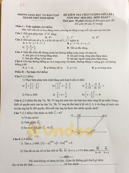 Đề thi Toán 7 giữa kì 1 năm 2020