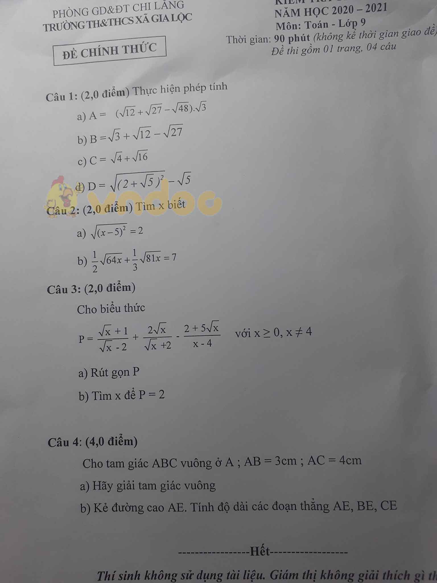 Đề thi giữa học kì 1 lớp 9 môn Toán Trường TH&THCS xã Gia Lộc, Chi Lăng năm 2020 - 2021