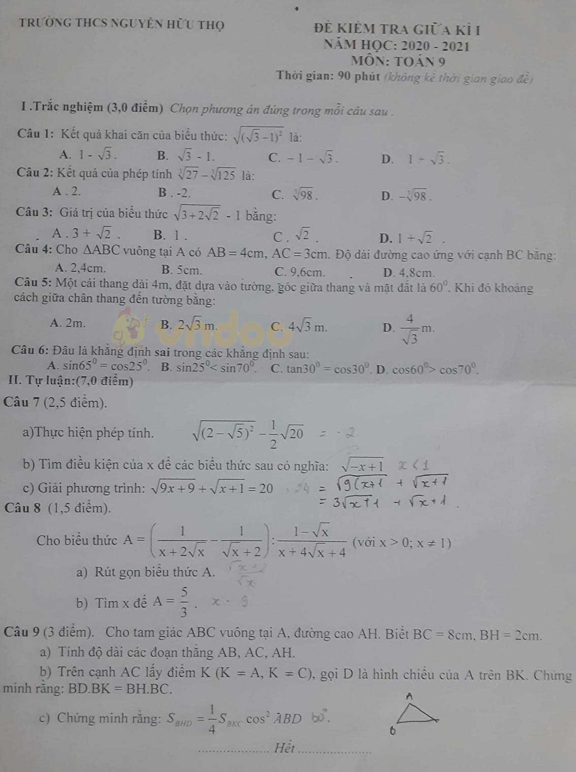 Đề thi giữa học kì 1 lớp 9 môn Toán Trường THCS Nguyễn Hữu Thọ năm 2020 - 2021