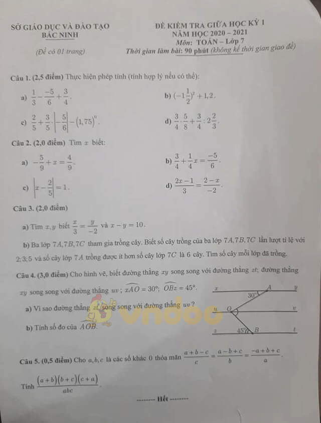 Đề thi Toán giữa kì 1 lớp 7 năm 2020