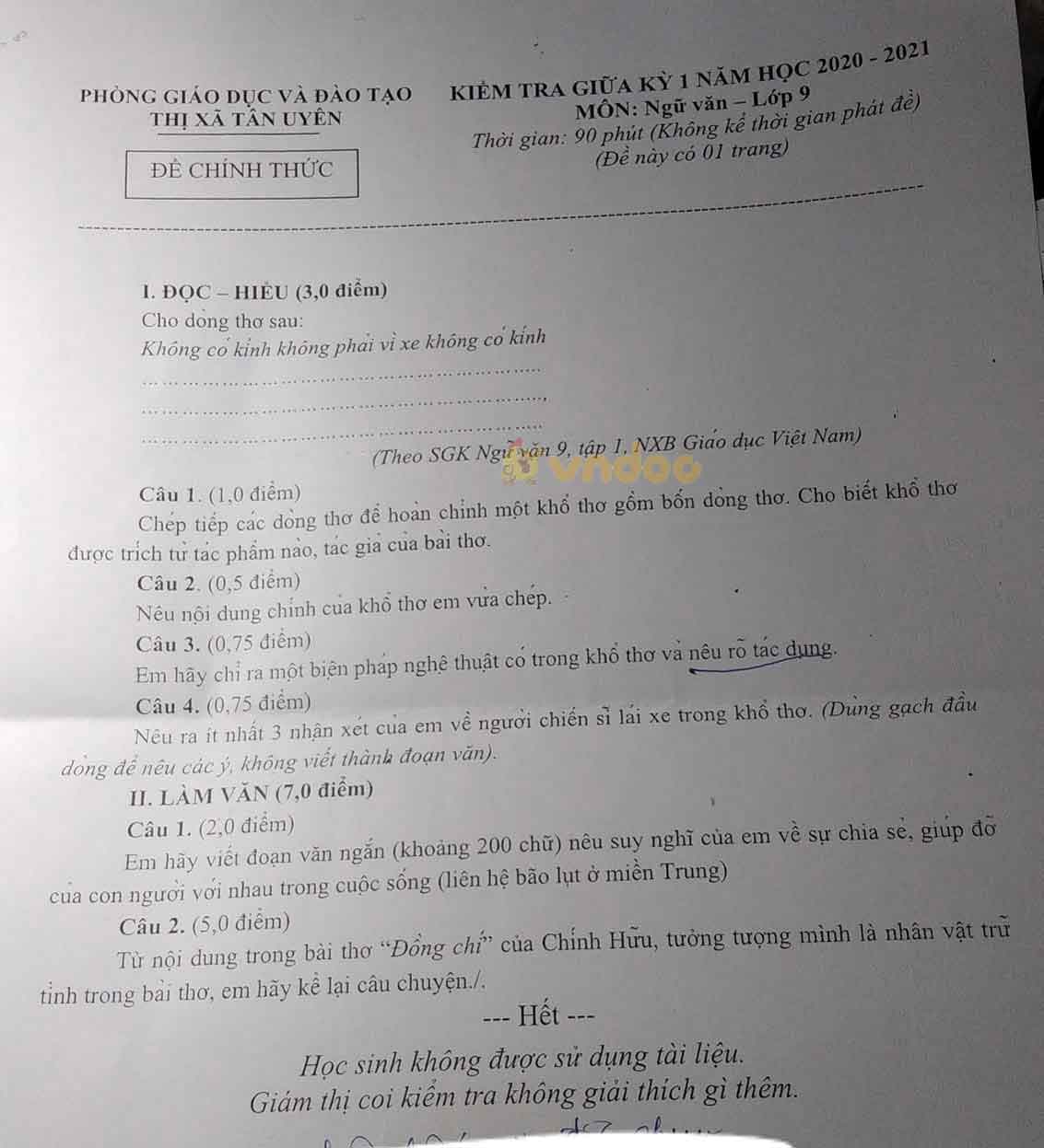 Đề thi giữa học kì 1 lớp 9 môn Ngữ văn Phòng GD&ĐT thị xã Tân Uyên năm 2020 - 2021