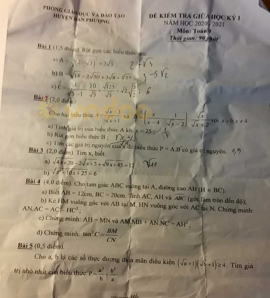 Đề thi giữa học kì 1 lớp 9 môn Toán Phòng GD&ĐT Đan Phượng năm 2020 - 2021