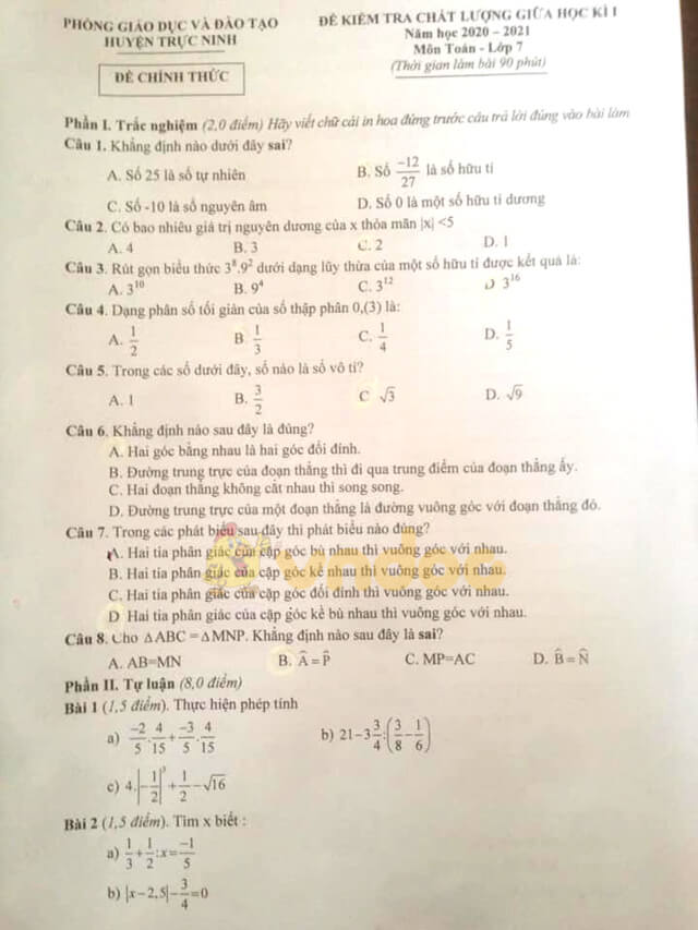 Đề thi Toán giữa kì 1 lớp 7 năm 2020