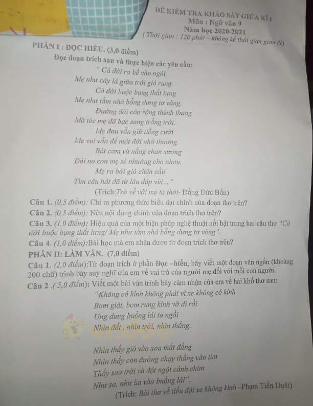 Đề thi giữa học kì 1 lớp 9 môn Ngữ văn Phòng GD&ĐT Hải Phòng năm 2020 - 2021