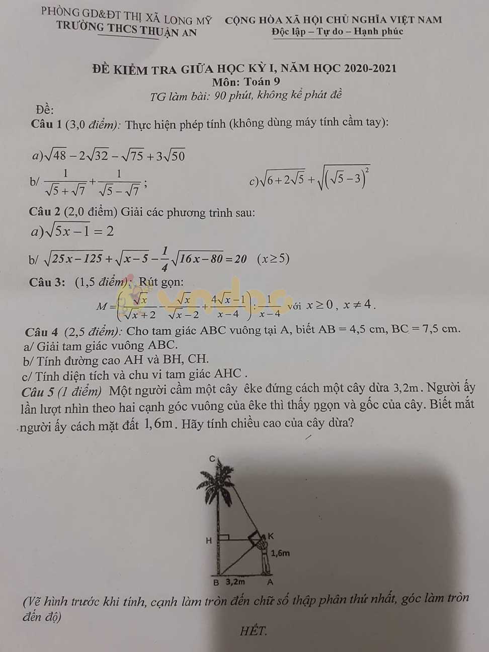 Đề thi giữa học kì 1 lớp 9 môn Toán Trường THCS Thuận An, Long Mỹ năm 2020 - 2021