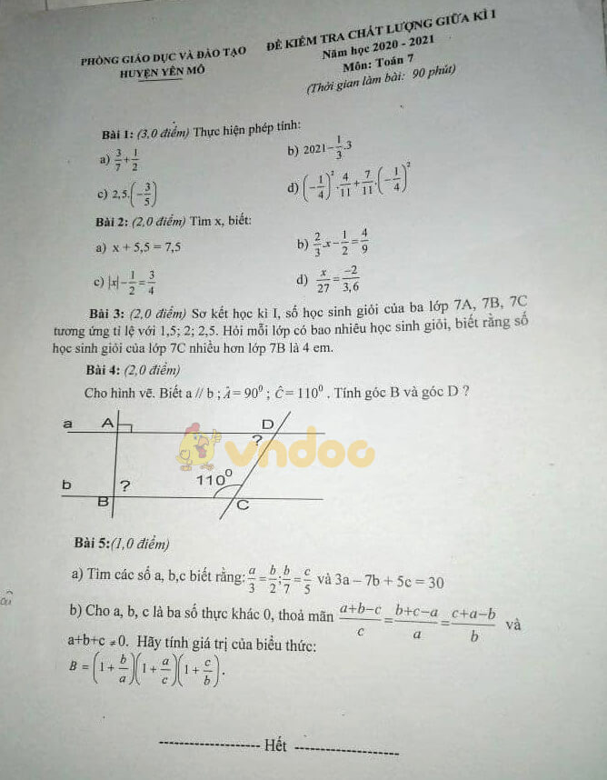 Đề thi Toán giữa kì 1 lớp 7 năm 2020