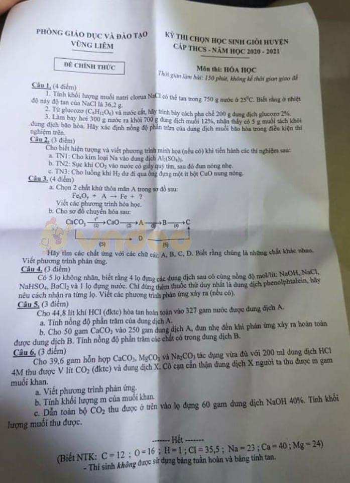 Đề thi chọn học sinh giỏi lớp 9 môn Hóa học Phòng GD&ĐT Vũng Liêm năm 2020 - 2021