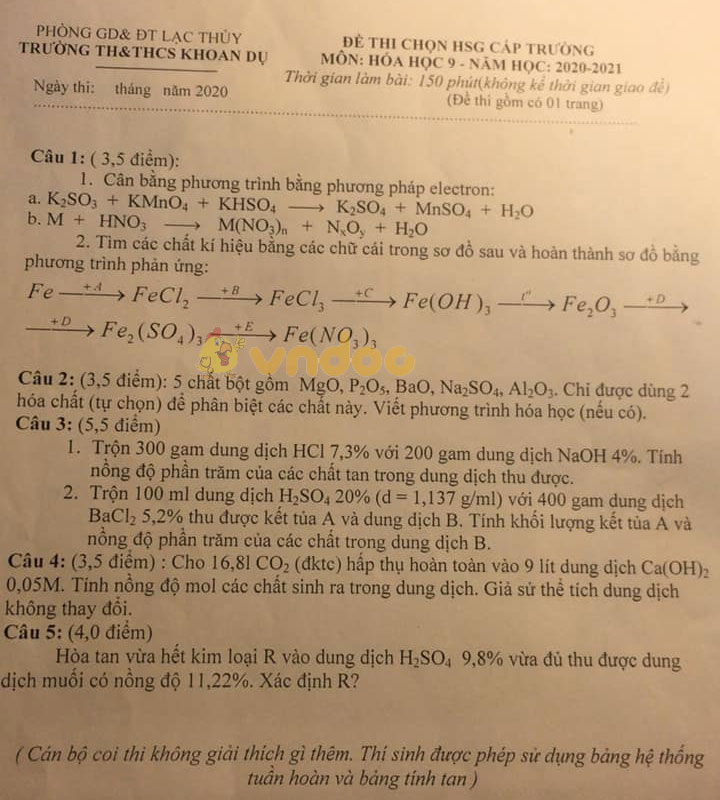Đề thi chọn học sinh giỏi lớp 9 môn Hóa học Trường TH&THCS Khoan Dụ, Lạc Thúy năm 2020 - 2021