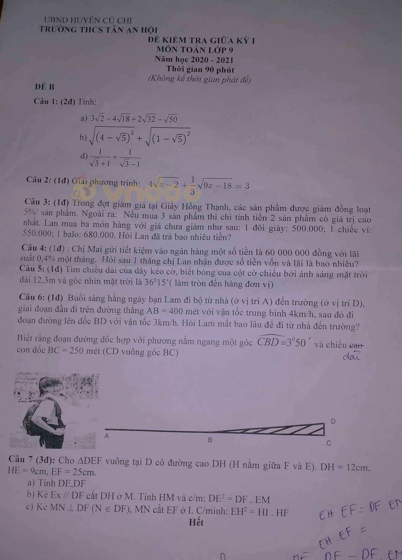 Đề thi giữa học kì 1 lớp 9 môn Toán Trường THCS Tân An Hội, Củ Chi năm 2020 - 2021