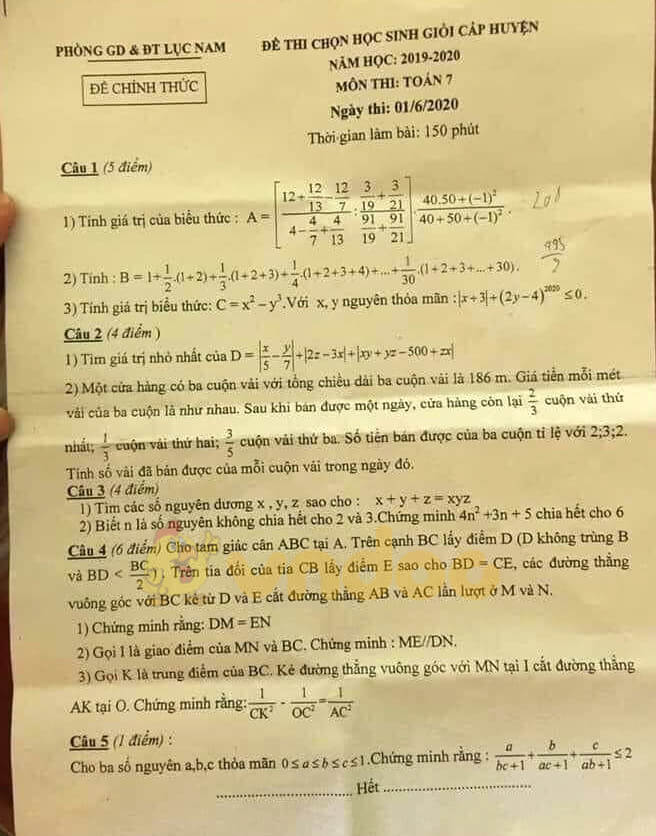 Đề thi Toán giữa kì 1 lớp 7 năm 2020