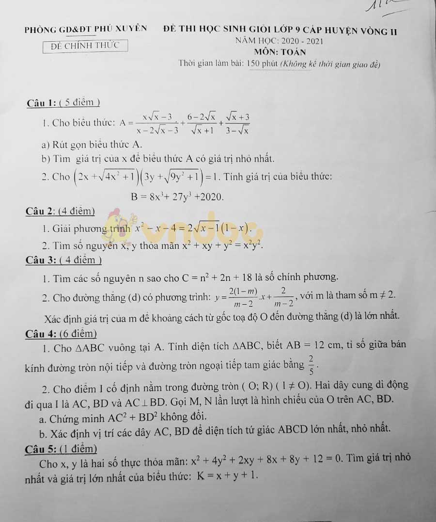 Đề thi chọn học sinh giỏi lớp 9 môn Toán Phòng GD&ĐT huyện Phú Xuyên năm 2020 - 2021 (vòng 2)
