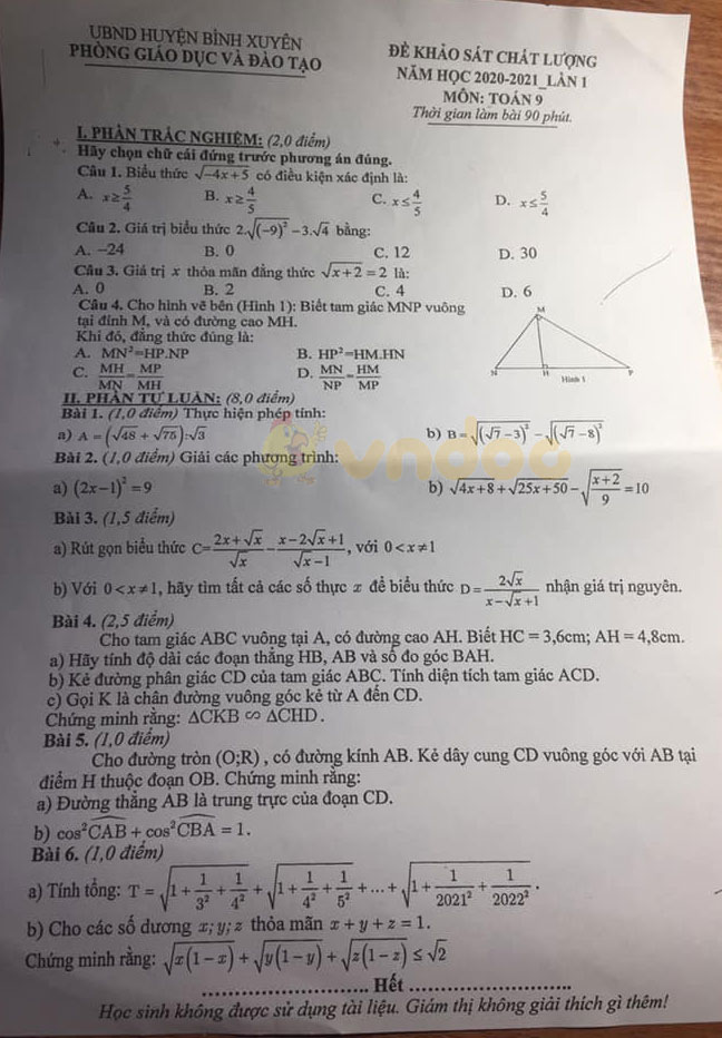 Đề thi giữa học kì 1 lớp 9 môn Toán Phòng GD&ĐT huyện Bình Xuyên năm 2020 - 2021