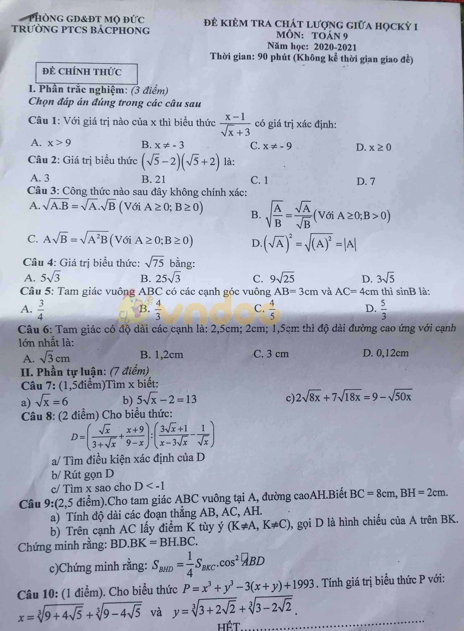 Đề thi giữa học kì 1 lớp 9 môn Toán Trường THCS Bắc Phong, Mộ Đức năm 2020 - 2021