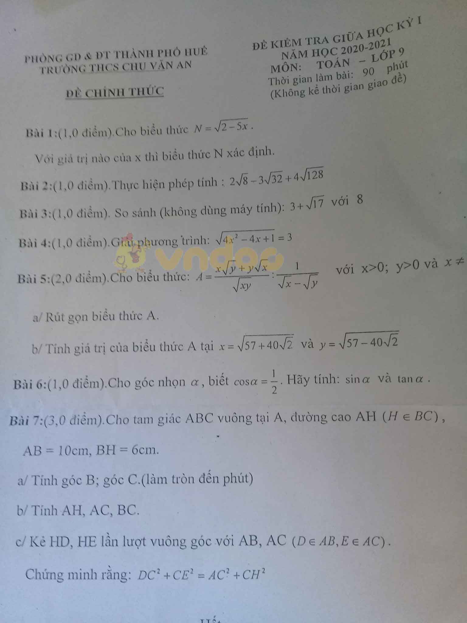 Đề thi giữa học kì 1 lớp 9 môn Toán Trường THCS Chu Văn An, Huế năm 2020 - 2021