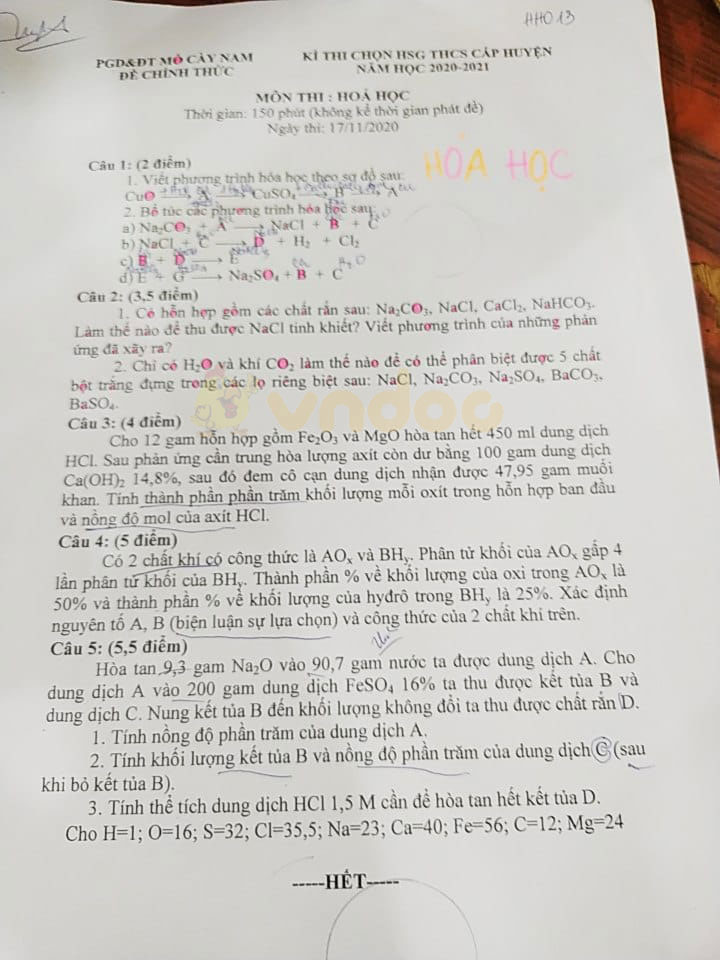 Đề thi chọn học sinh giỏi lớp 9 môn Hóa học Phòng GD&ĐT Mỏ Cày Nam năm 2020 - 2021