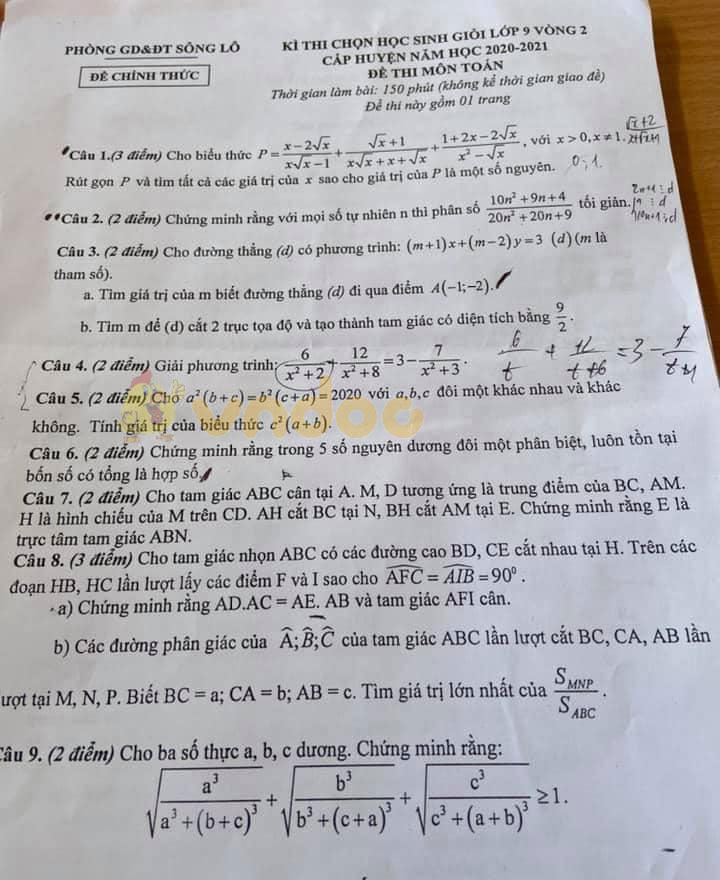 Đề thi giữa học kì 1 lớp 9 môn Toán Phòng GD&ĐT Sông Lô năm 2020 - 2021
