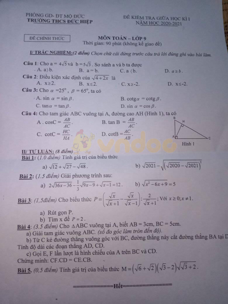Đề thi giữa học kì 1 lớp 9 môn Toán Trường THCS Đức Hiệp, Mộ Đức năm 2020 - 2021