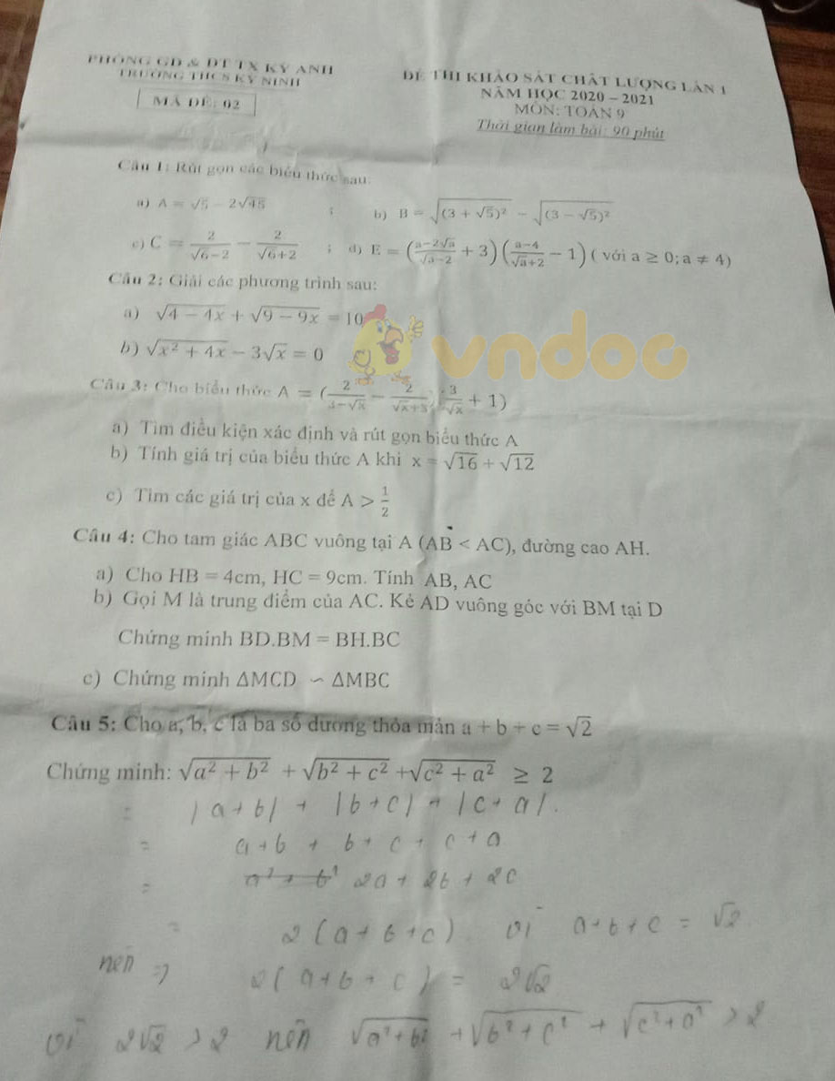 Đề thi giữa học kì 1 lớp 9 môn Toán Trường THCS Kỳ Ninh, Kỳ Anh năm 2020 - 2021