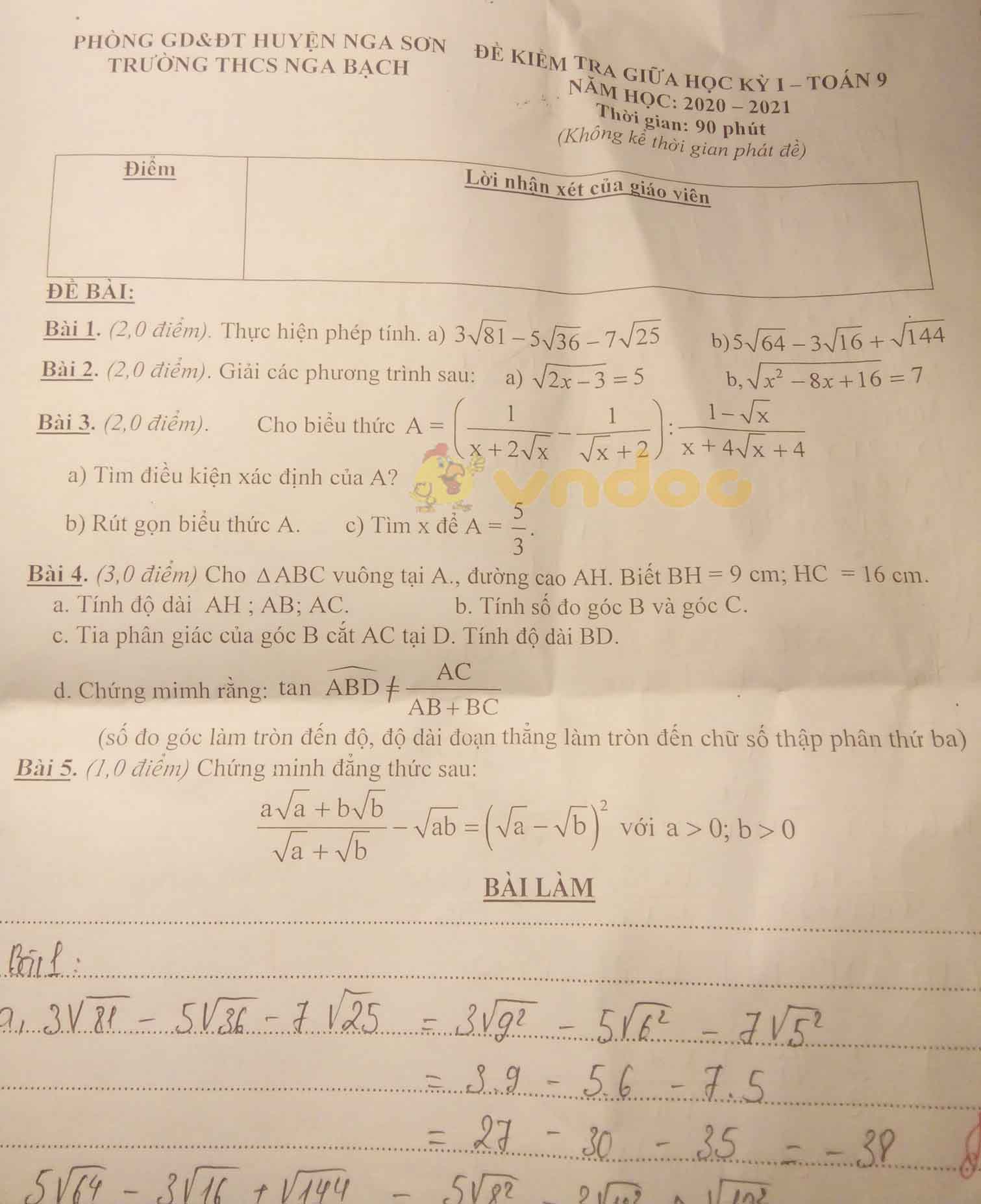 Đề thi giữa học kì 1 lớp 9 môn Toán Trường THCS Nga Bạch, Nga Sơn năm 2020 - 2021