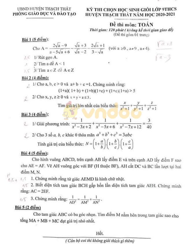 Đề thi chọn học sinh giỏi lớp 9 môn Toán Phòng GD&ĐT Thạch Thất năm 2020 - 2021