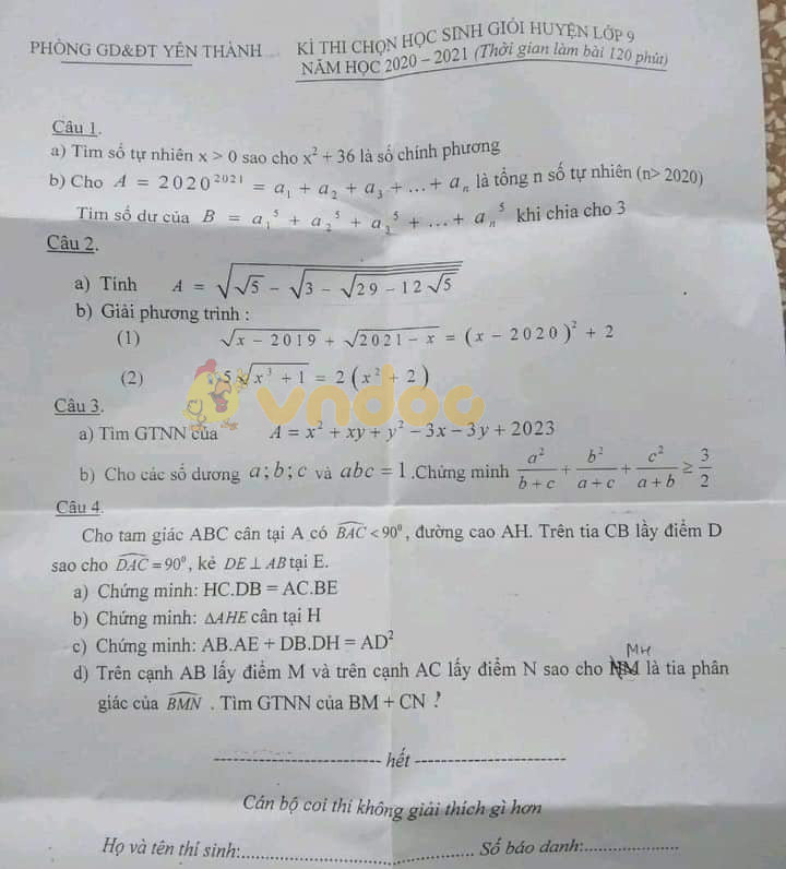 Đề thi chọn học sinh giỏi lớp 9 môn Toán Phòng GD&ĐT Yên Thành, Nghệ An năm 2020 - 2021