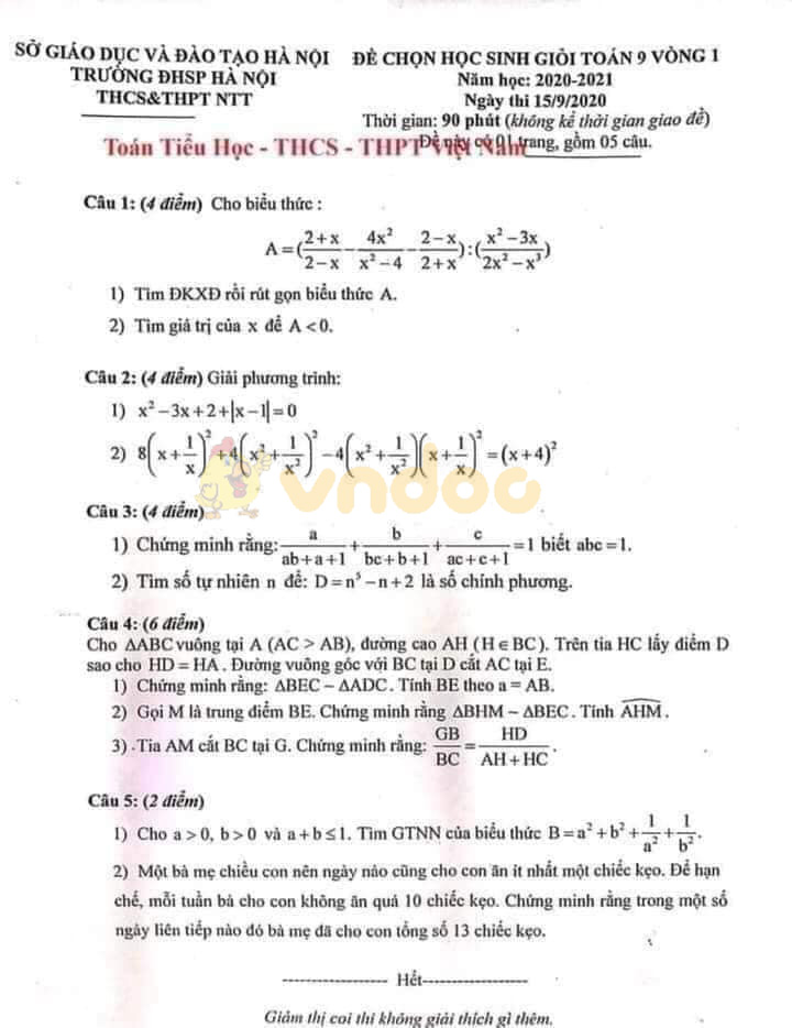 Đề thi chọn học sinh giỏi lớp 9 môn Toán Sở GD&ĐT Hà Nội năm 2020 - 2021