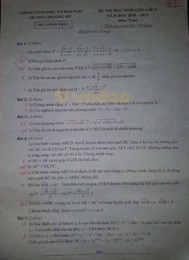 Đề thi chọn học sinh giỏi lớp 9 môn Toán Phòng GD&ĐT huyện Chương Mỹ năm 2020 - 2021