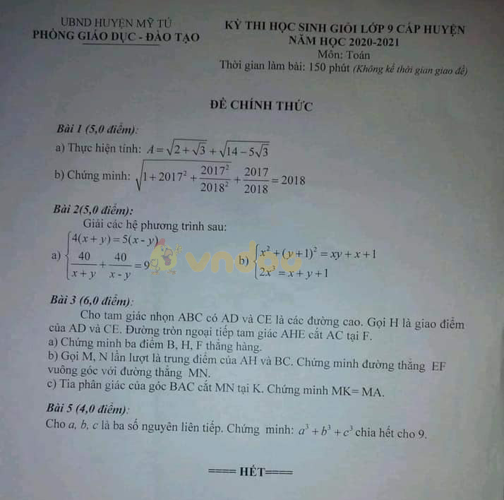 Đề thi chọn học sinh giỏi lớp 9 môn Toán Phòng GD&ĐT Mỹ Tú năm 2020 - 2021