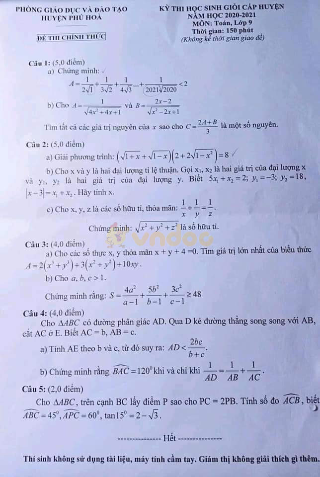 Đề thi chọn học sinh giỏi lớp 9 môn Toán Phòng GD&ĐT Phú Hoà năm 2020 - 2021