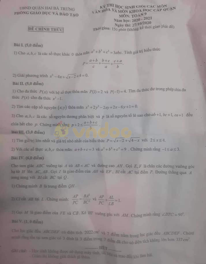 Đề thi chọn học sinh giỏi lớp 9 môn Toán Phòng GD&ĐT quận Hai Bà Trưng năm 2020 - 2021