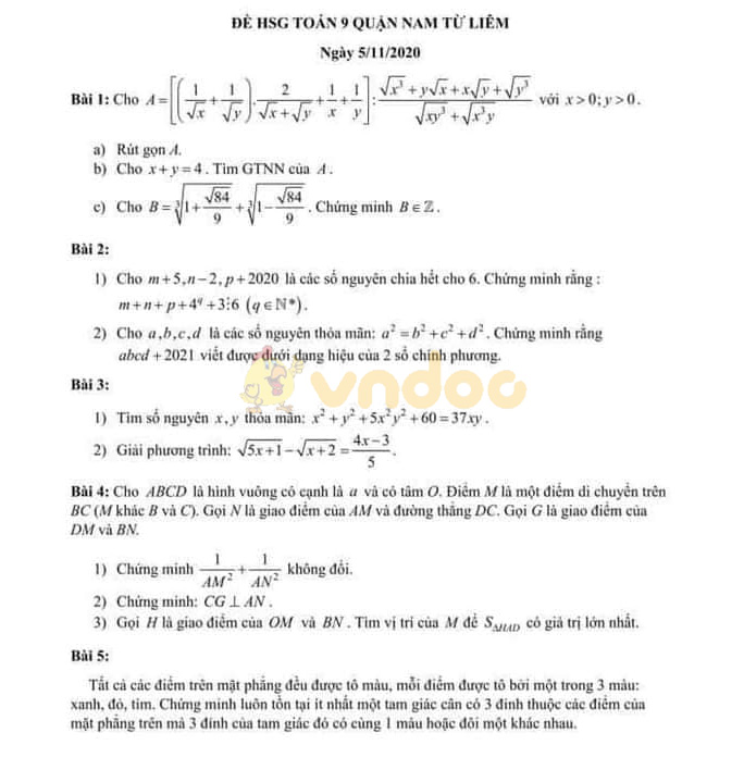 Đề thi chọn học sinh giỏi lớp 9 môn Toán Phòng GD&ĐT Quận Nam Từ Liêm năm 2020 - 2021