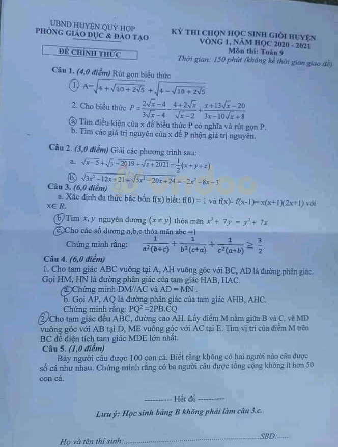 Đề thi chọn học sinh giỏi lớp 9 môn Toán Phòng GD&ĐT Quỳ Hợp năm 2020 - 2021
