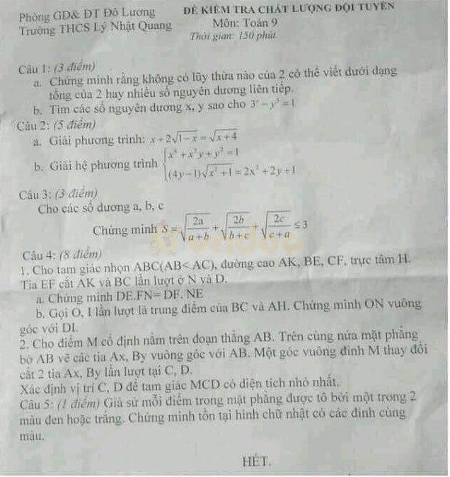Đề thi chọn học sinh giỏi lớp 9 môn Toán Trường THCS Lý Nhật Quang, Đô Lương năm 2020 - 2021