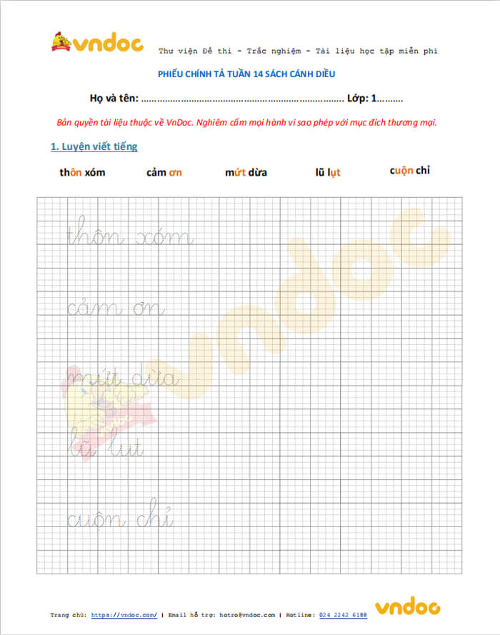 Phiếu chính tả lớp 1 tuần 14 sách Cánh Diều