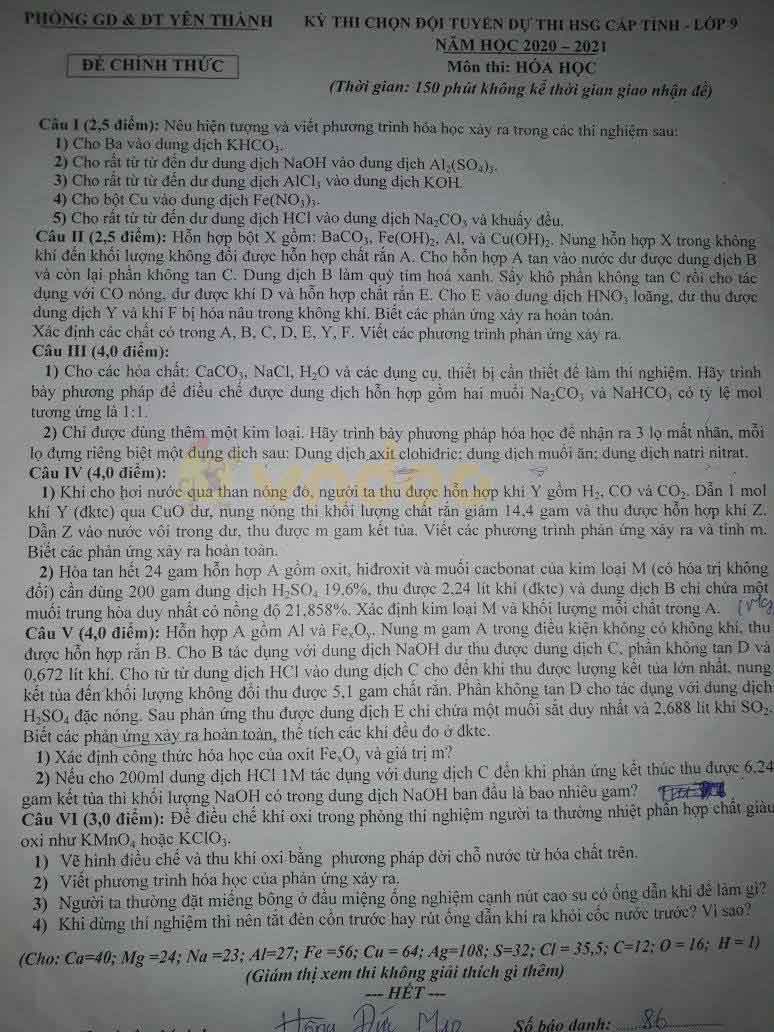 Đề thi chọn học sinh giỏi lớp 9 môn Hóa học Phòng GD&ĐT Yên Thành năm 2020 - 2021