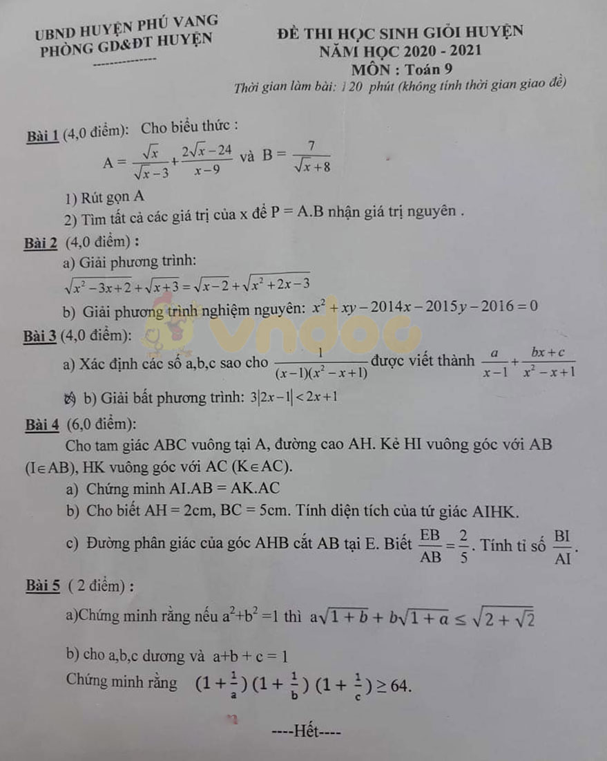 Đề thi chọn học sinh giỏi lớp 9 môn Toán Phòng GD&ĐT huyện Phú Vang năm 2020 - 2021
