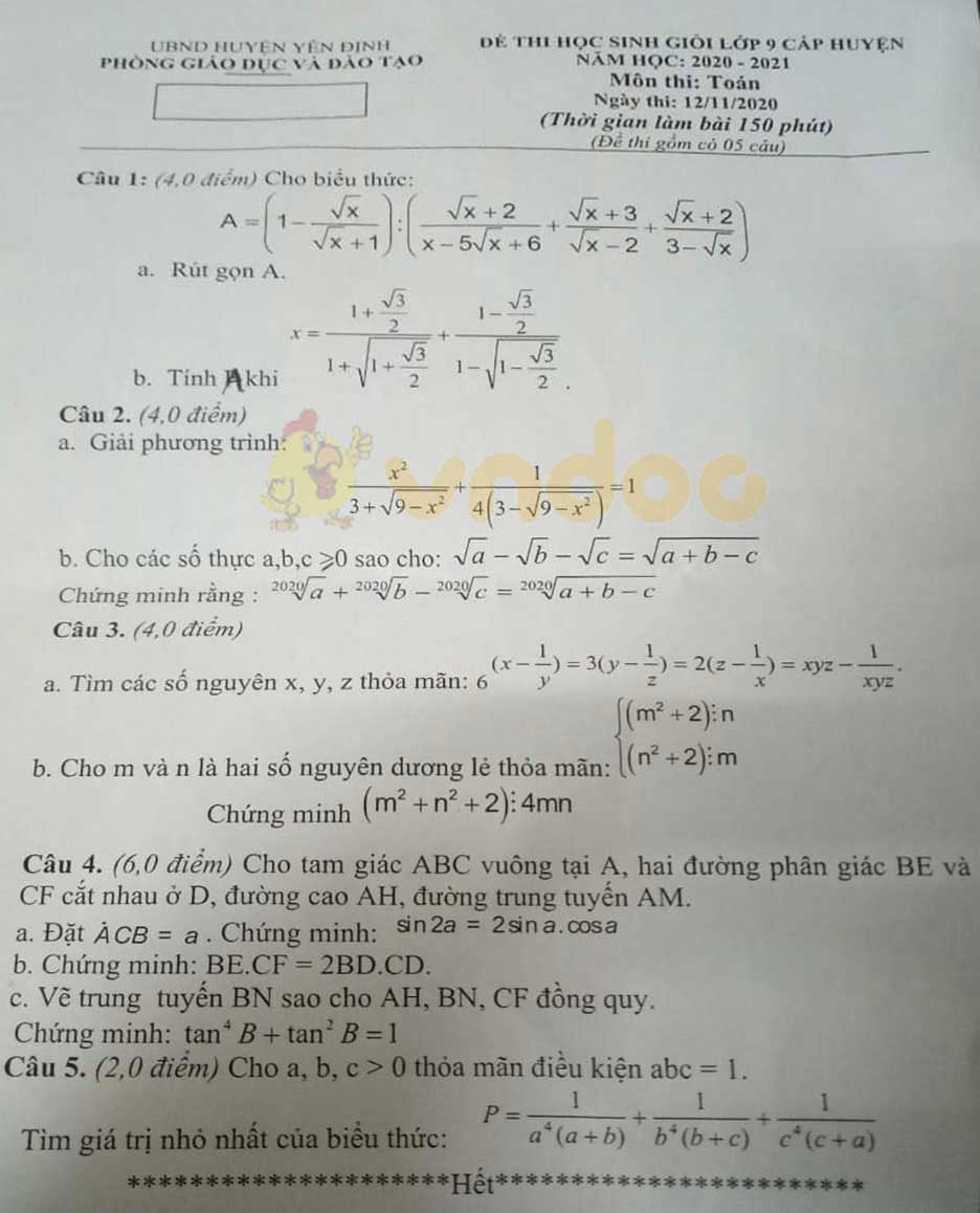 Đề thi chọn học sinh giỏi lớp 9 môn Toán Phòng GD&ĐT huyện Yên Định năm 2020 - 2021