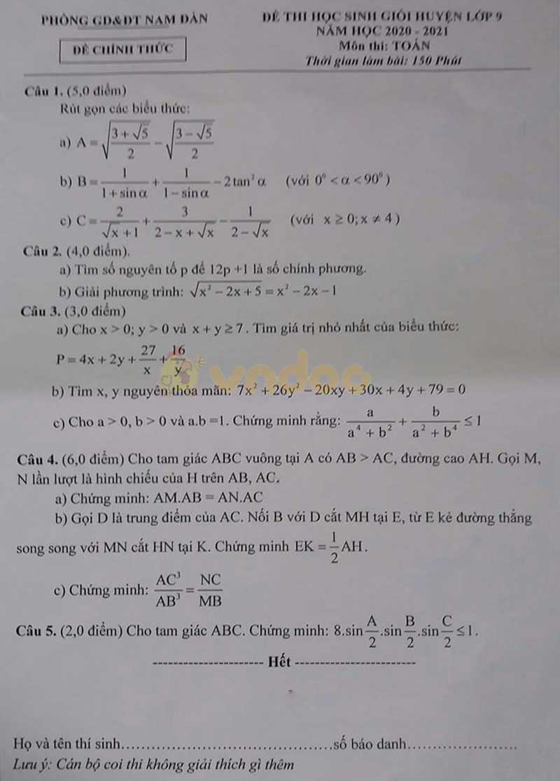 Đề thi chọn học sinh giỏi lớp 9 môn Toán Phòng GD&ĐT Nam Đàn năm 2020 - 2021