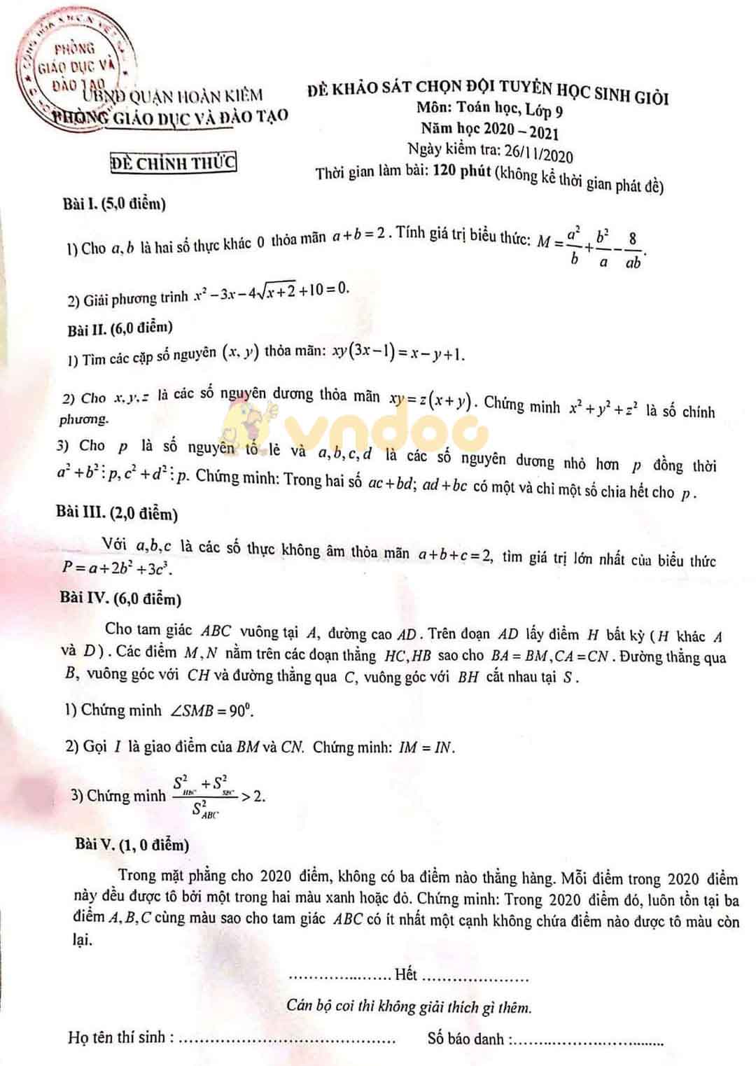Đề thi chọn học sinh giỏi lớp 9 môn Toán Phòng GD&ĐT quận Hoàn Kiếm năm 2020 - 2021