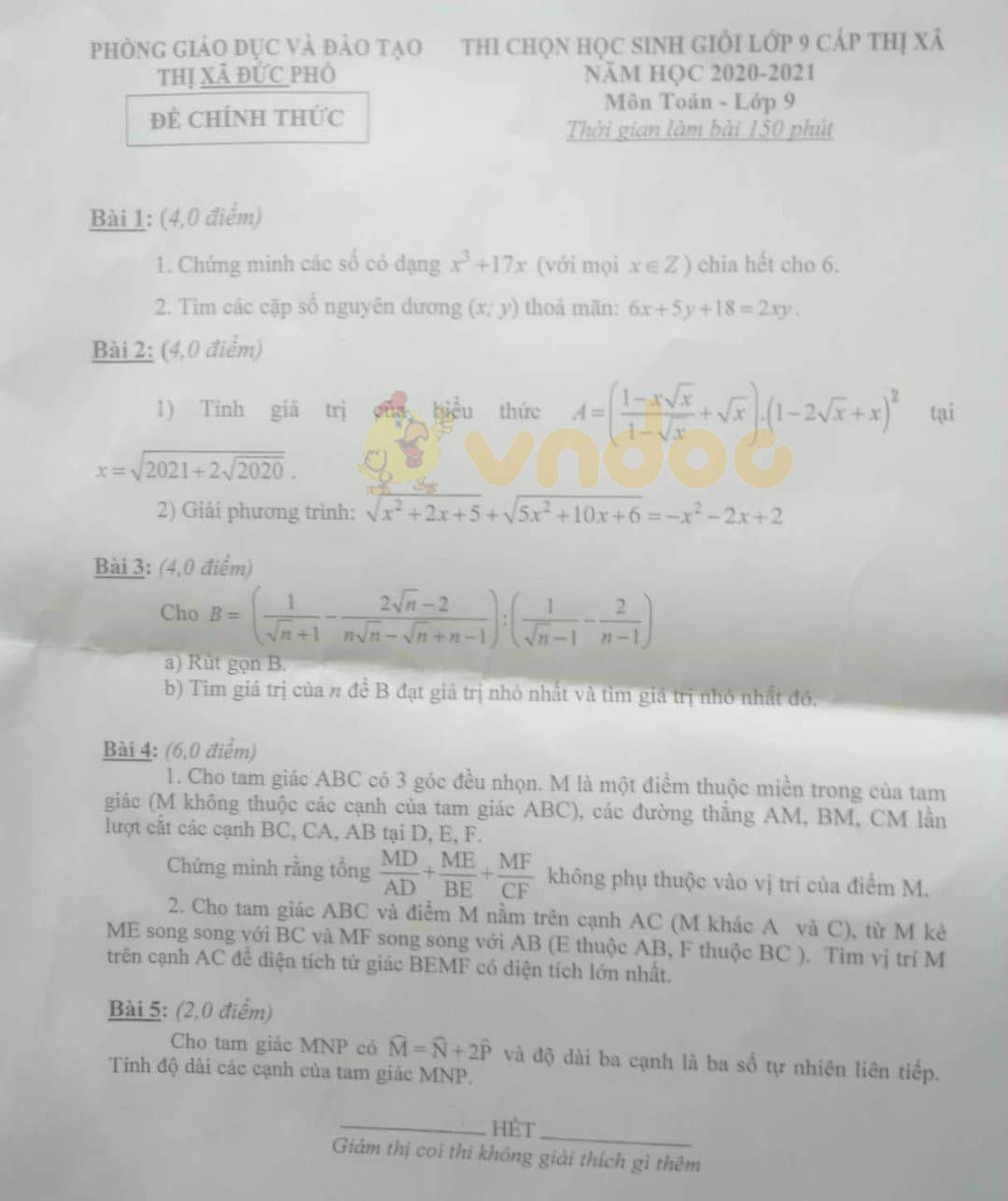 Đề thi chọn học sinh giỏi lớp 9 môn Toán Phòng GD&ĐT thị xã Đức Phổ năm 2020 - 2021