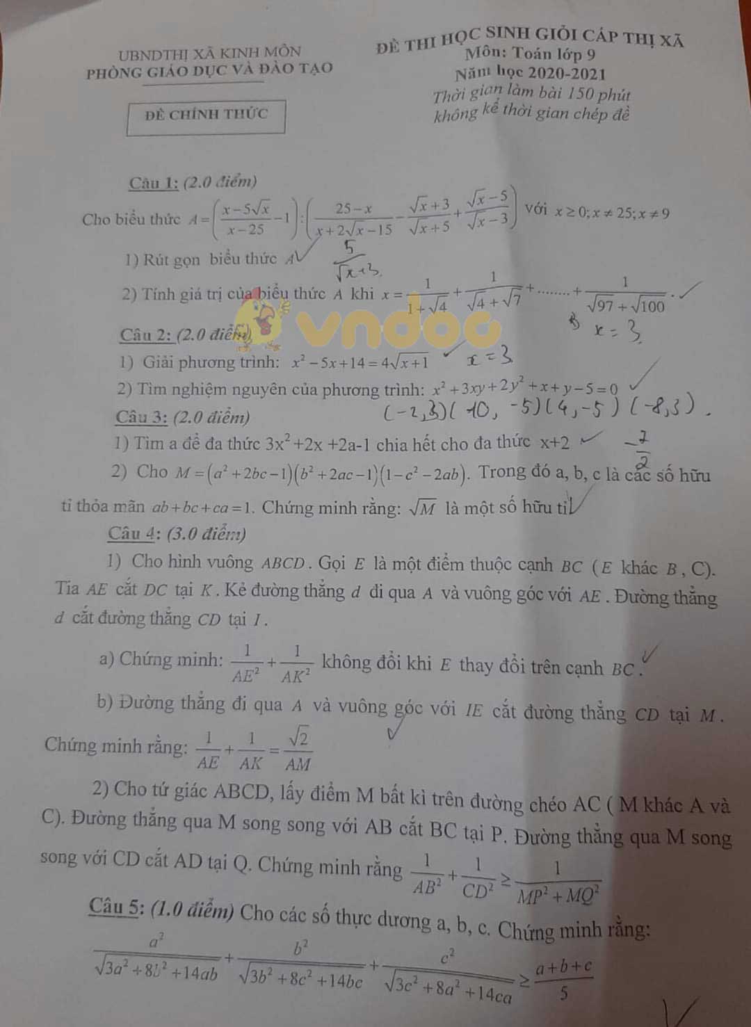 Đề thi chọn học sinh giỏi lớp 9 môn Toán Phòng GD&ĐT thị xã Kinh Môn năm 2020 - 2021