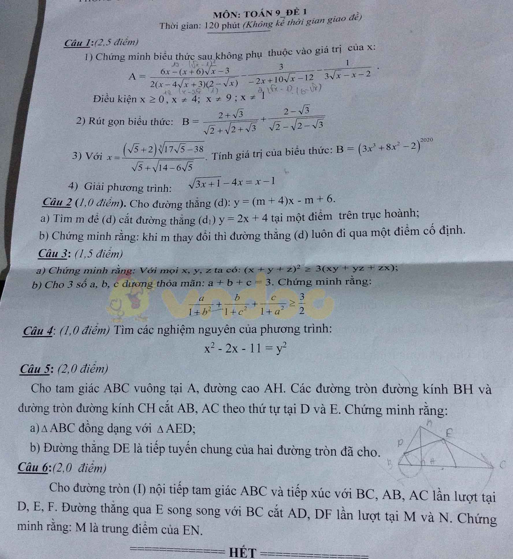 Đề thi chọn học sinh giỏi lớp 9 môn Toán Trường THCS Trung Hà, Thủy Nguyên năm 2020 - 2021 (đề 1)