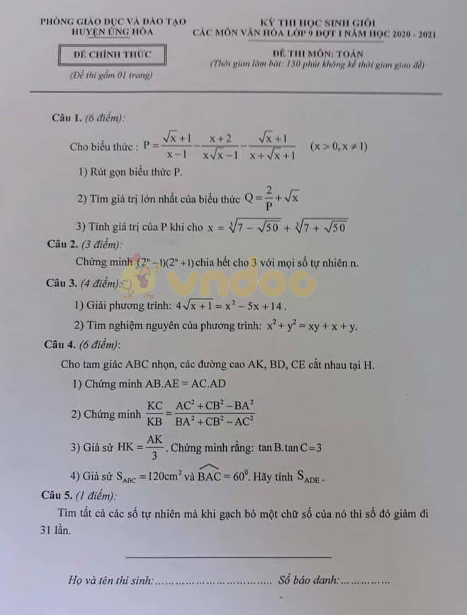 Đề thi chọn học sinh giỏi lớp 9 môn Toán Phòng GD&ĐT huyện Ứng Hòa năm 2020 - 2021 (đợt 1)