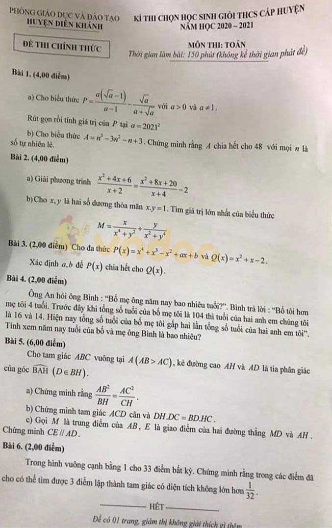 Đề thi chọn học sinh giỏi lớp 9 môn Toán Phòng GD&ĐT huyện Diên Khánh năm 2020 - 2021