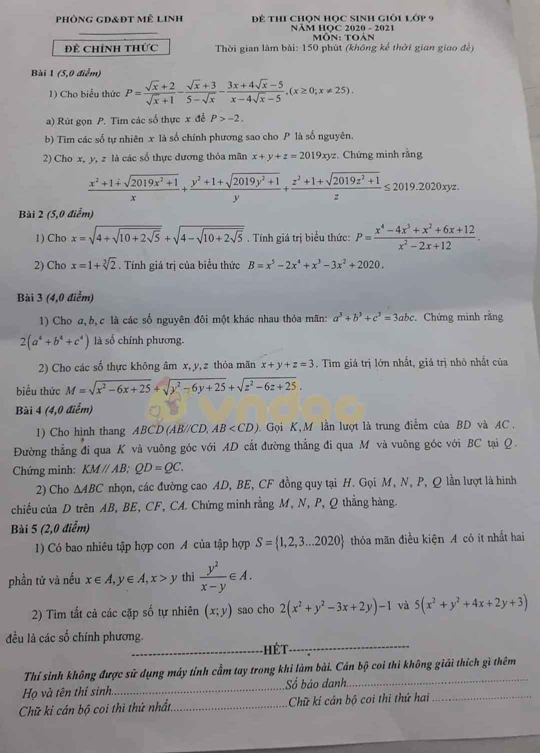 Đề thi chọn học sinh giỏi lớp 9 môn Toán Phòng GD&ĐT huyện Mê Linh năm 2020 - 2021