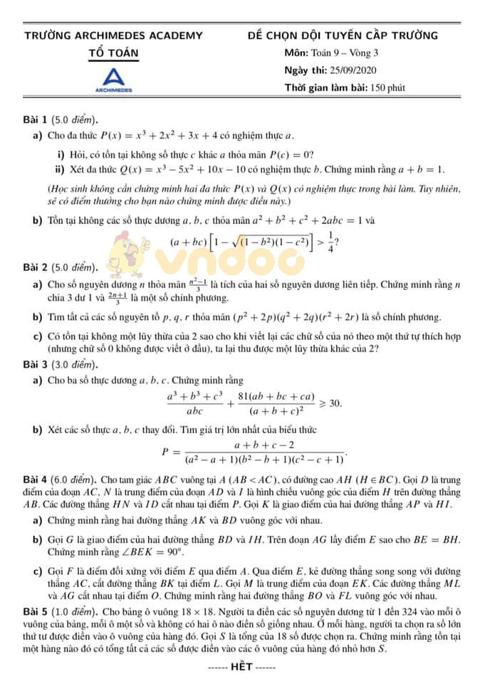 Đề thi chọn học sinh giỏi lớp 9 môn Toán Trường THCS Archimedes năm 2020 - 2021 (vòng 3)