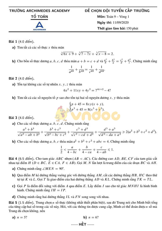 Đề thi chọn học sinh giỏi lớp 9 môn Toán Trường THCS Archimedes năm 2020 - 2021 (vòng 1)