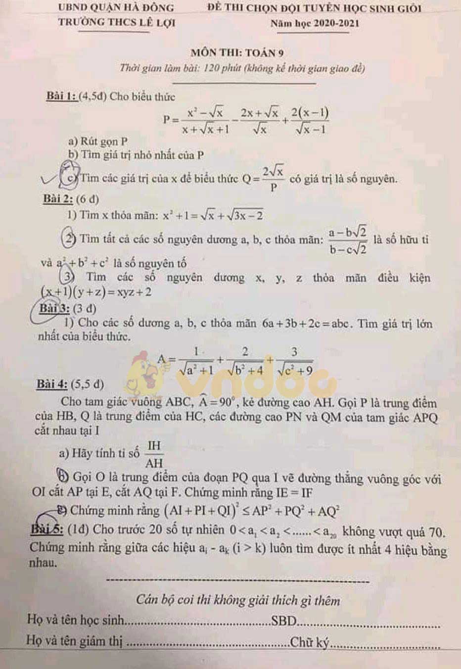 Đề thi chọn học sinh giỏi lớp 9 môn Toán Trường THCS Lê Lợi, Hà Đông năm 2020 - 2021